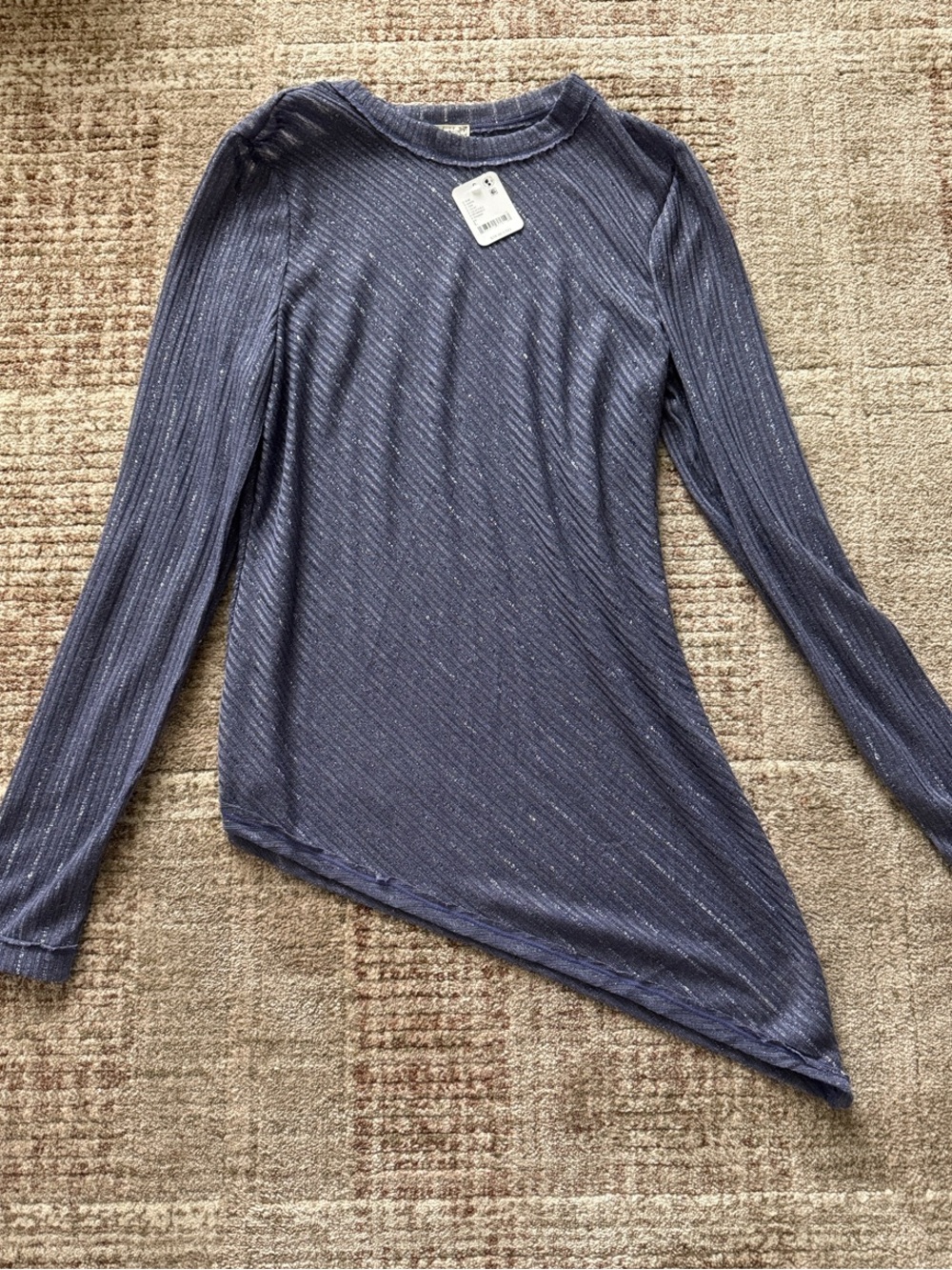 Free People Asymmetric Hem Long-Sleeve Sheer Top in Navy with Silver Threads